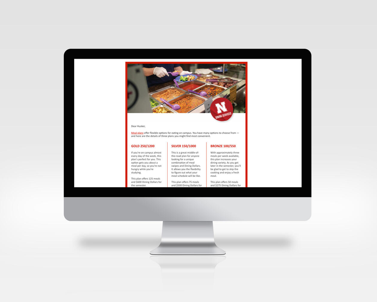 Mockup of returning student meal plan promotional email on a desktop computer