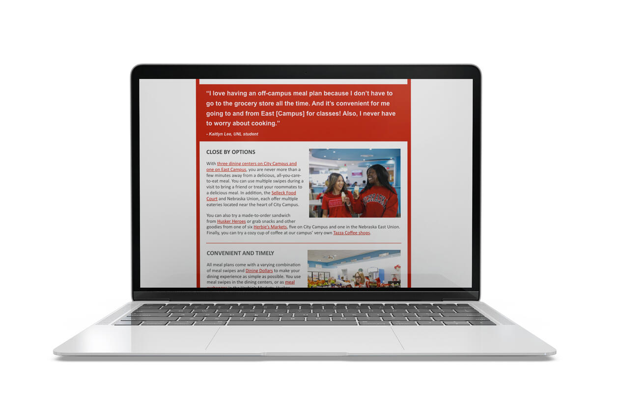 A mockup of the returning student meal plan promotional email on a laptop