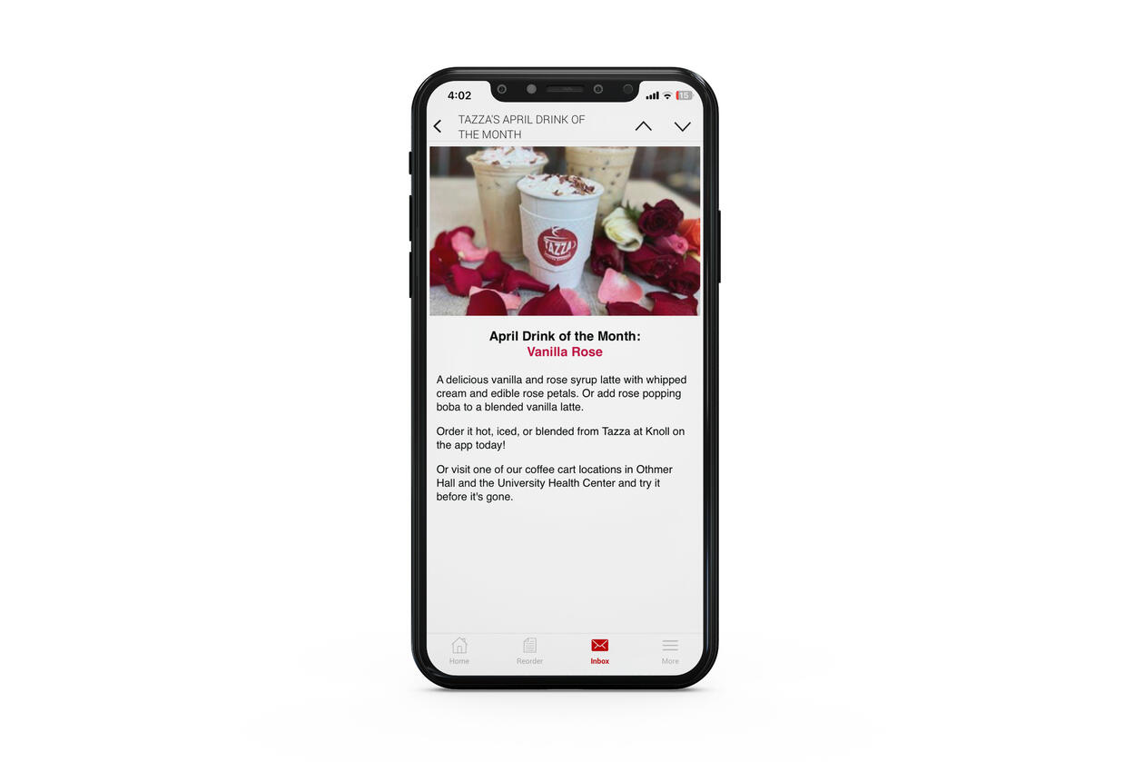 Mobile ordering app inbox message mockup on a mobile device